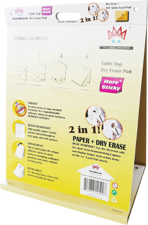 4A 2-in-1 Super Sticky Portable Tabletop Easel Pad+Dry Erase Panel, 20 x 23 in, Anchor Chart Paper Flip Chart Paper for Virtual Teachers, Meeting, 25 Sheets/Pad, 4 Pads, Built-in Stand, White