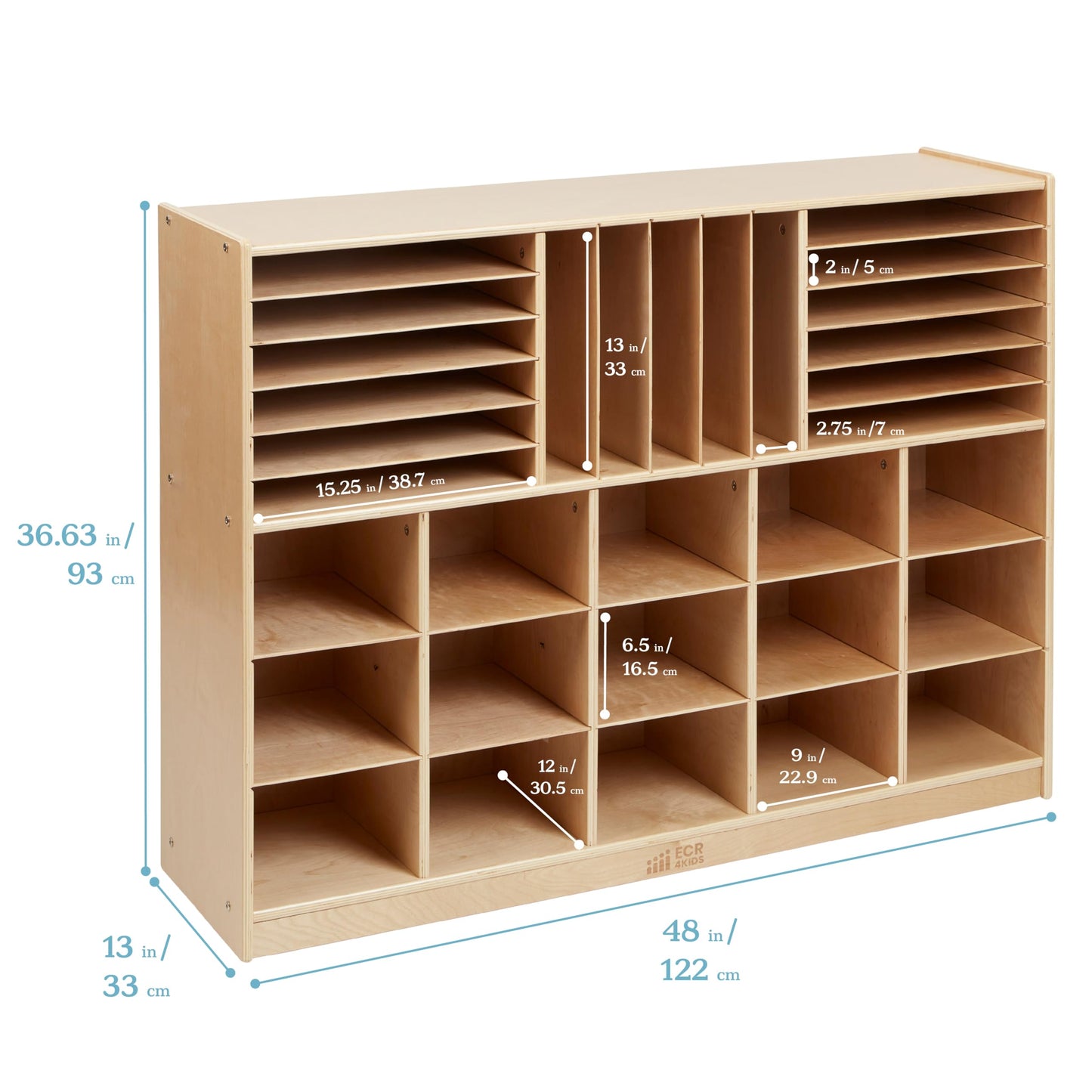 ECR4Kids Multi-Section Mobile Tray Cabinet with Cubby Storage Compartments, Kids Furniture, Natural, 48"D x 13"W x 36"H