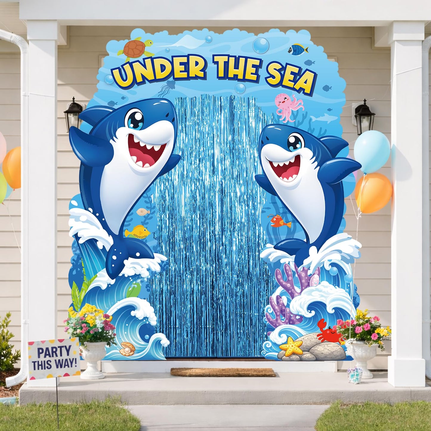 Ocean Theme Door Banner Decoration with Blue Foil Fringe Curtains Under the Sea Porch Signs Summer Birthday Party Decorations Ocean Photo Booth Backdrop Hanging Decor 94.5 x 91 Inch