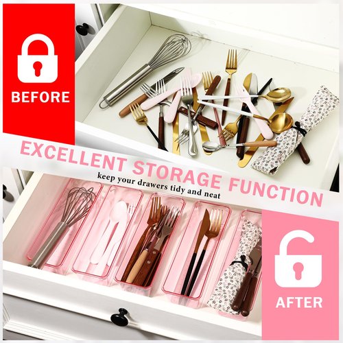Maitys 12 Pcs Vanity Drawer Organizer 9 x 3 x 2 Inches Clear Plastic Utensil Organizers Kitchen Drawers Dividers for Office Desk Silverware Kitchen Utensils Cosmetics and Bathrooms(Pink)