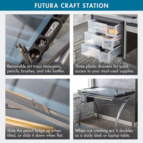 SD STUDIO DESIGNS Futura Crafting, Drafting, Drawing Table with Adjustable Top, Silver/Blue Glass