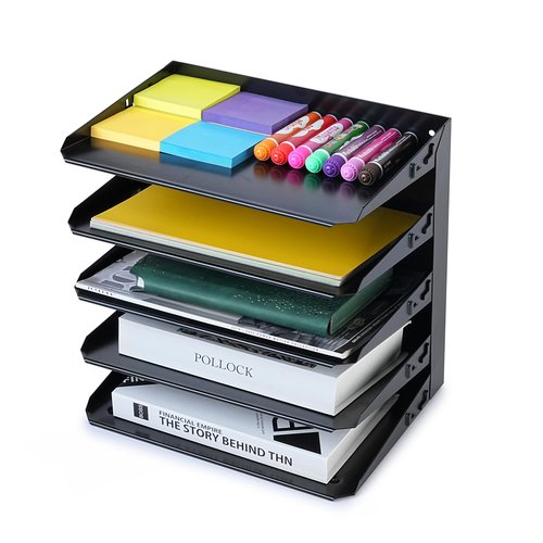 Huron Horizontal 5 Slot Steel Desk Organizer, Black