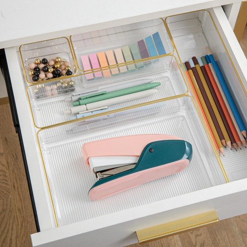 Martha Stewart Kerry Plastic Stackable Office Desk Drawer Organizers, Set of 6, with Gold Trim