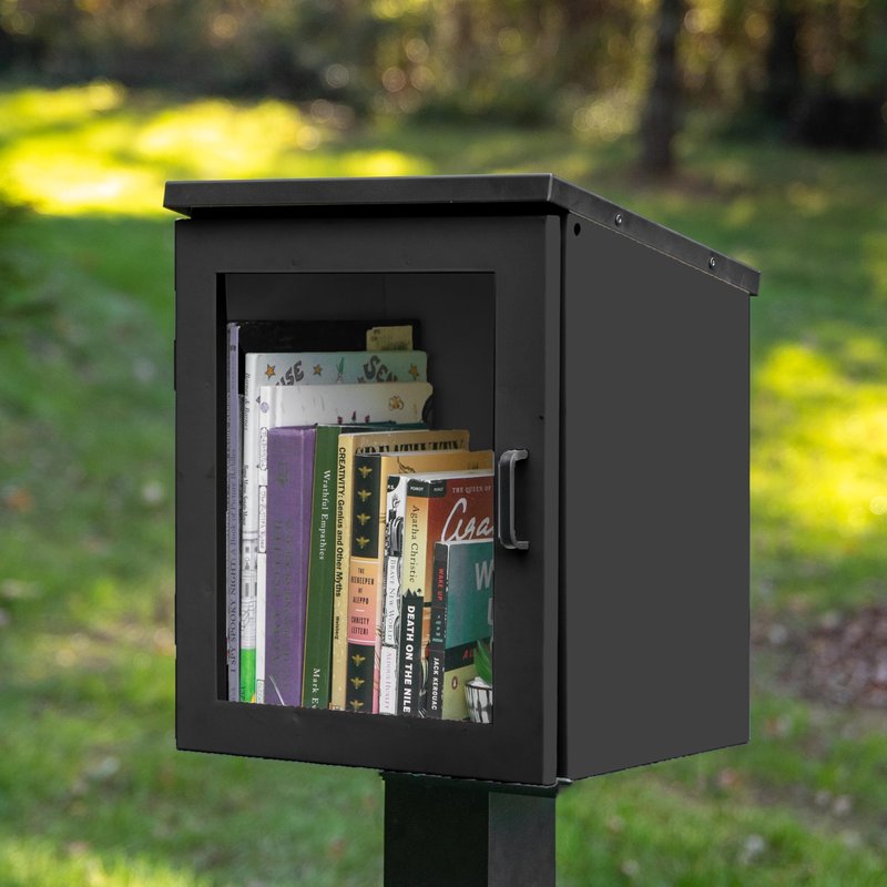 Ilyapa Outdoor Library Book Box - Free Literature Exchange Kit for Outside - Black Powder Coated Steel Cabinet for Sharing Books - with Easy 4x4 Post Mount - 13x11x17 Inch