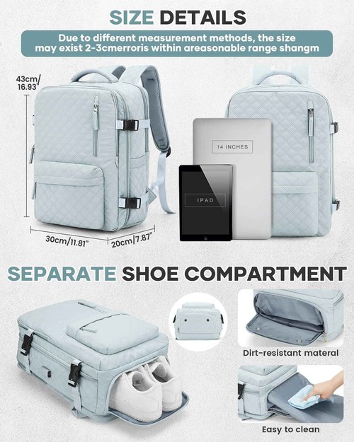 Travel Vacuum Storage Backpack with Air Pump Vacuum Seal Compression Space Saver Bags Clothing Vacpack 18x14x8 inches Travel Bag Carry on Personal item Laptop Work Backpacks Women LightBlue