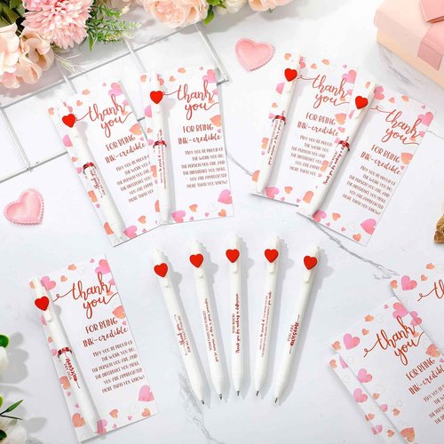 Jetec 40 Sets Valentines Pens Bulk Heart Employee Appreciation Gifts Inspirational Ballpoint Pen with Thank You Card Funny Pink Valentine Favors for Staff Teacher Nurse Office Supplies (Motivational)