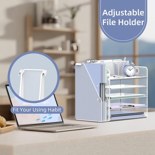 SUPEASY Desk Organizer with File Holder, 5 Tier Desktop File Organizer with 3 Pen Holders, Paper Letter Tray for Office Home Organization & Storage, Mesh Desk Accessories & Supplies, White