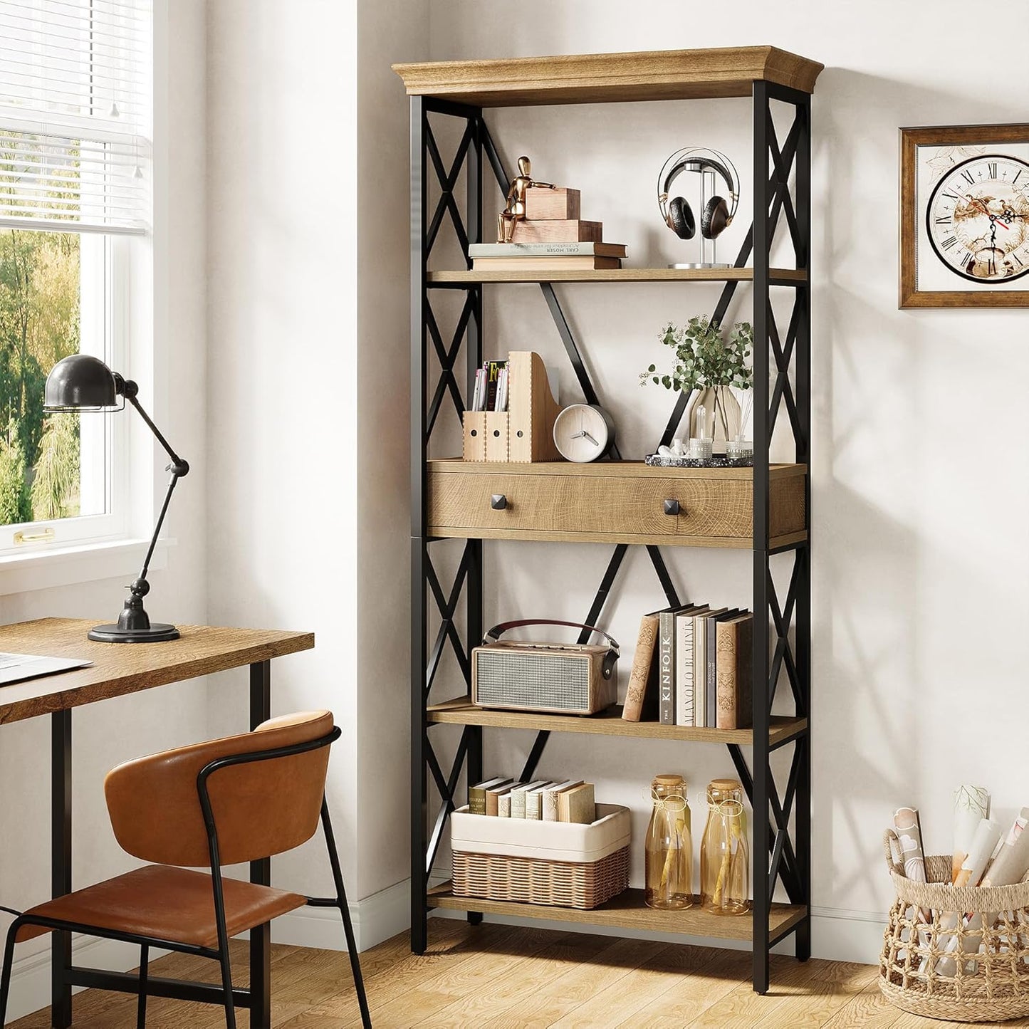 Tribesigns Industrial Bookshelf - 70.9" Tall Bookcase with Drawers & Open Shelves | Rustic Brown Finish