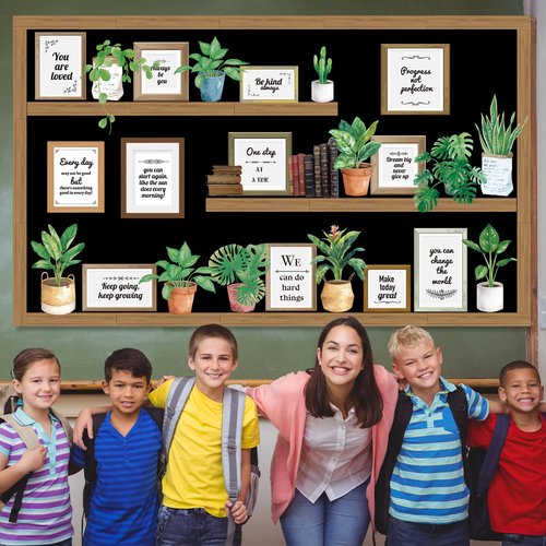 Bookshelf Bulletin Board Set Back to School Plant Motivational Classroom Decoration Reading Poster Potted Plant Back to School Cutouts for Library Office Chalkboard Wall Door Decor Supply
