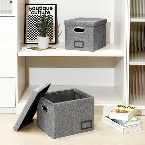 YWPXSN File Organizer Box with Lid - Hanging File Box with One-Piece Plastic Frame - Collapsible Decorative Document Storage Bins for Office Home (Dark Grey, 13.2x10.1x10.1in(2Pack))