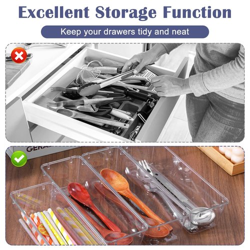 MAQUITA 12 Pcs Vanity Drawer Organizer 9 x 3 x 2 Inches Clear Plastic Utensil Organizers Kitchen Drawers Dividers for Office Desk Silverware Kitchen Utensils Cosmetics and Bathrooms(Clear)