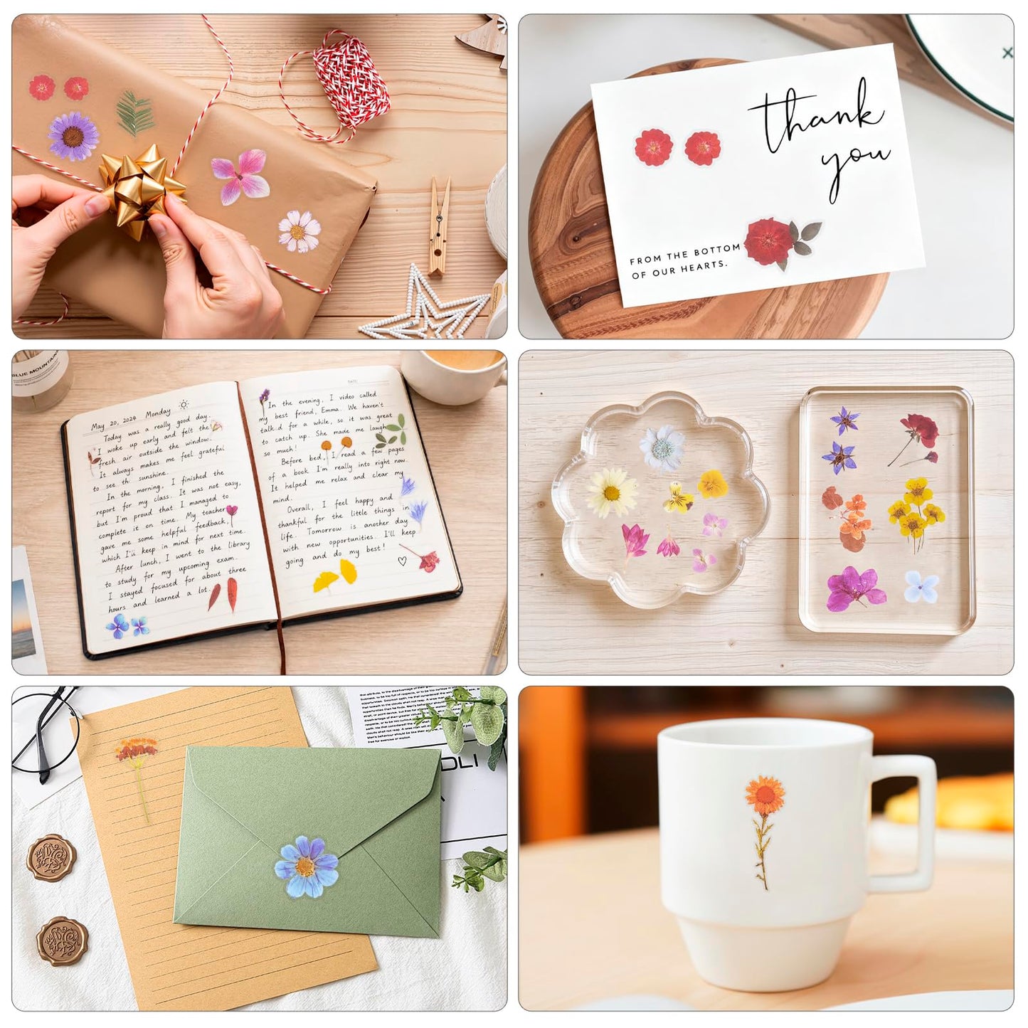 NOGAMOGA 320 PCS Natural Vintage Flower Stickers, Small Floral Leaf Sticker Self-Adhesive Scrapbook Supplies for Journaling, Resin Art, DIY Crafts, Card Making