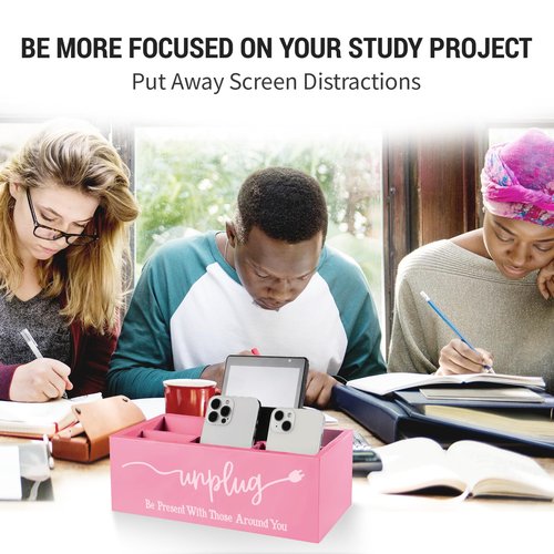 Bamboo Wood Phone Box – Unplug from Phones, Tablets, and Electronics for Study, Meetings, and Family Time, Phone Holder Organizer with Charging Holes, Farmhouse Style, Holds Up to 18 Phones-Pink