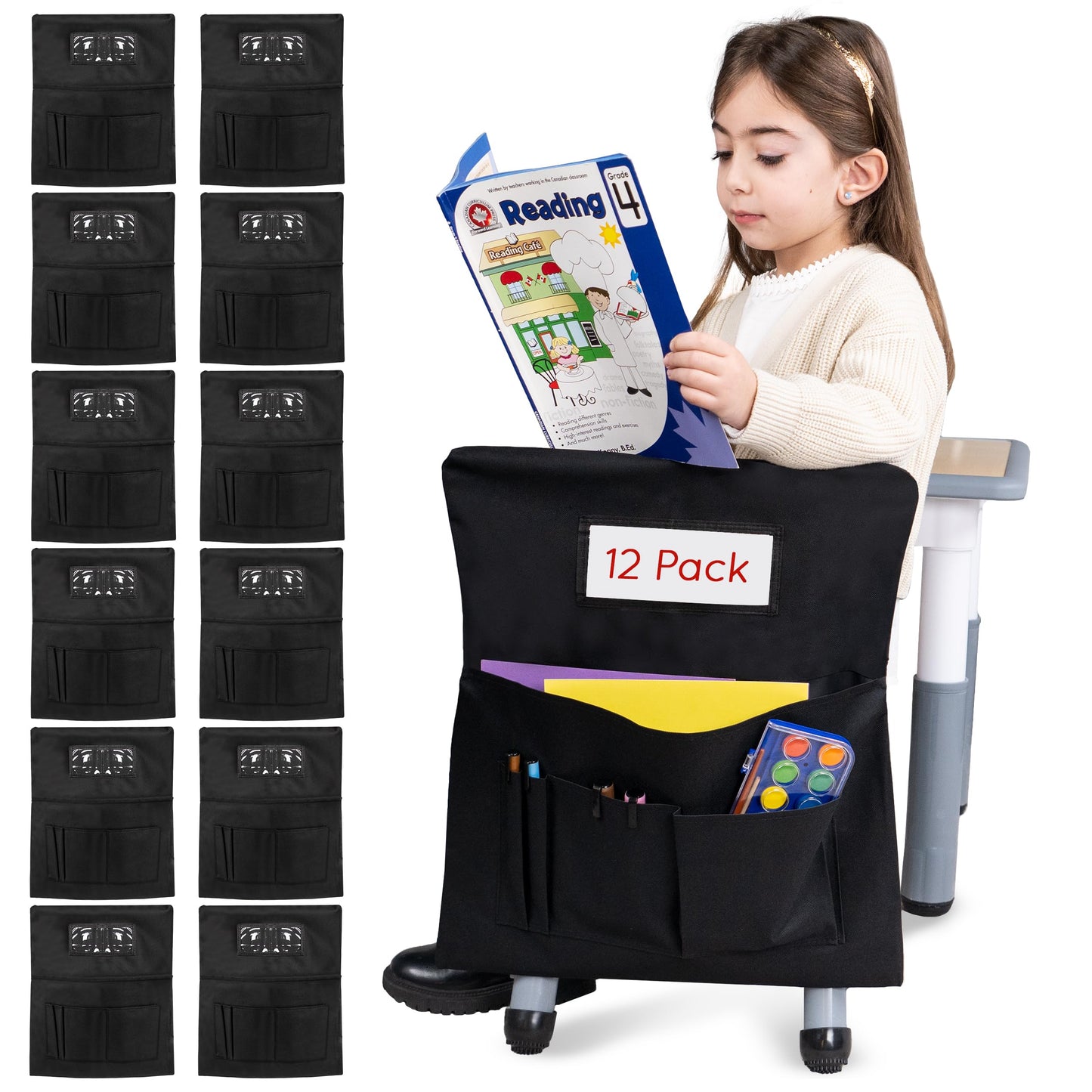 Essex Wares - Pack of 12 Chair Pockets for Classrooms Black 17" Wide x 19.7" Tall - Spacious Student Chair Pockets - Chairback Pocket Chart - Classroom Chair Pockets Suitable for Most Classroom Chairs