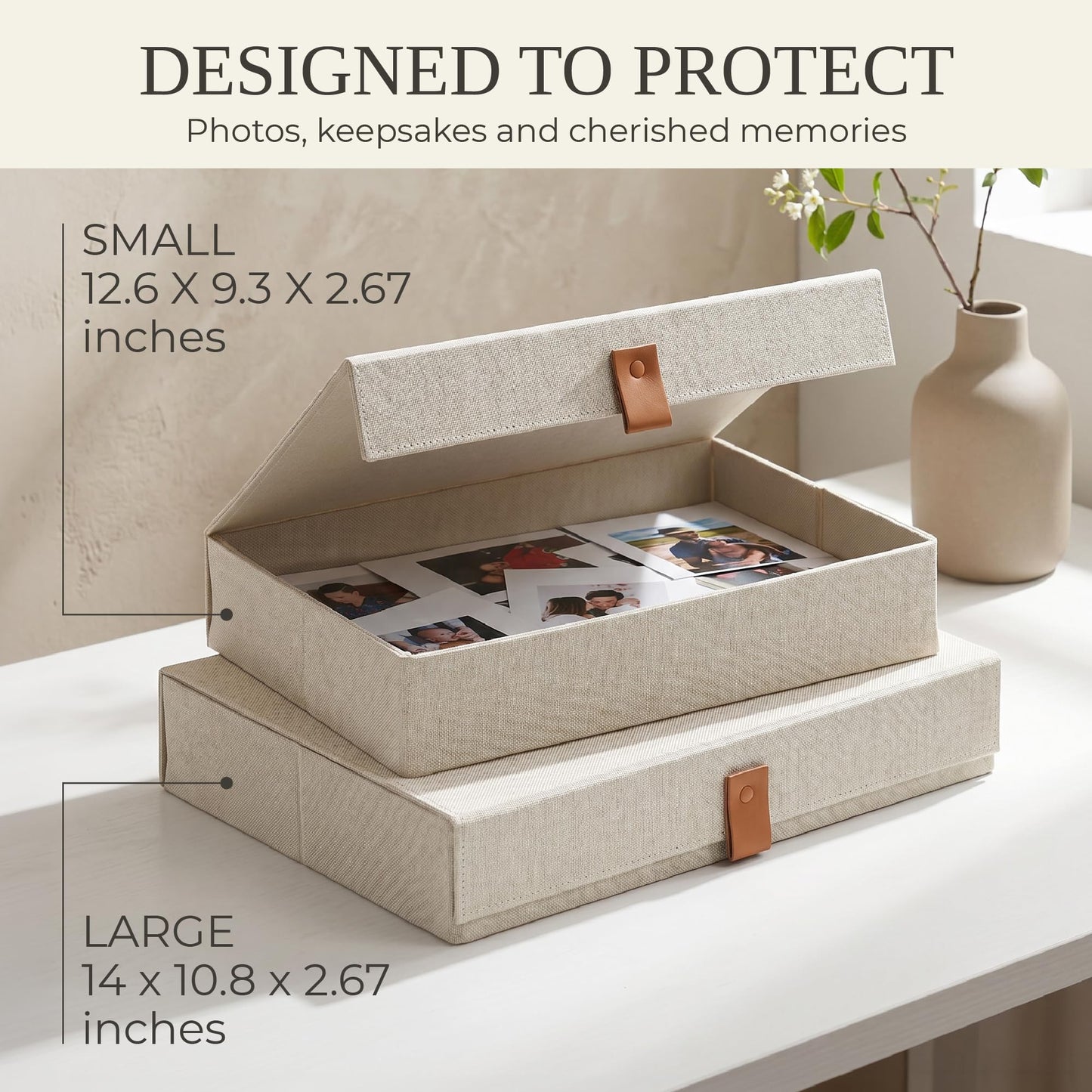 Decorative Photo Storage Boxes with Lids - Set of 2 Beautiful Linen Organizers Are Perfect to Safely Store Your Pictures, Documents, Scrapbooking Supplies, Keepsakes and Other Memories in Style