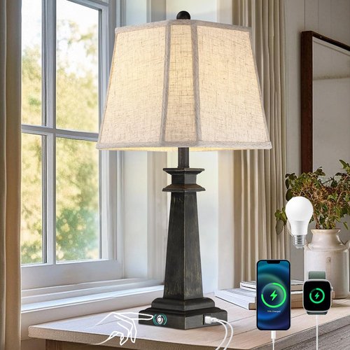 Hapcrea 27.5" Table Lamp for Bedroom, 3-Way Dimmable Touch Lamp for Nightstand, Farmhouse Table Lamp for Living Room with USB A+C Charging Ports, Bulb Included (Black)