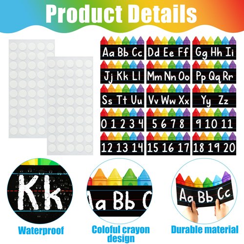 15 PCS Alphabet Bulletin Board Strips Set Alphabet Crayon Bulletin Board Posters ABC Number Line Wall Decor Die-Cut 26 Letter and 0-20 Number Border for Kindergarten Classroom Playroom Bedroom Decor