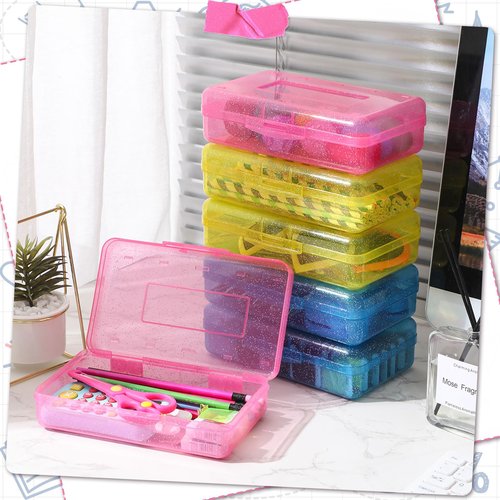 Cholemy 6 Pcs Plastic Pencil Box Large Capacity Glitter Clear Pen Box Hard Pencil Case with Snap Tight Lid Translucent Storage Organizer for Storing Office School Supplies(Red, Blue and Yellow)