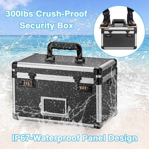 LOCKCURX 13.4 x 8 x 8.7 Inch Lockable Storage Box with Combination Lock, Portable Safe for Documents, Medicine, Cash & Valuables, Medicine Lock Box with Label Slot for Home, Office & Travel - Black