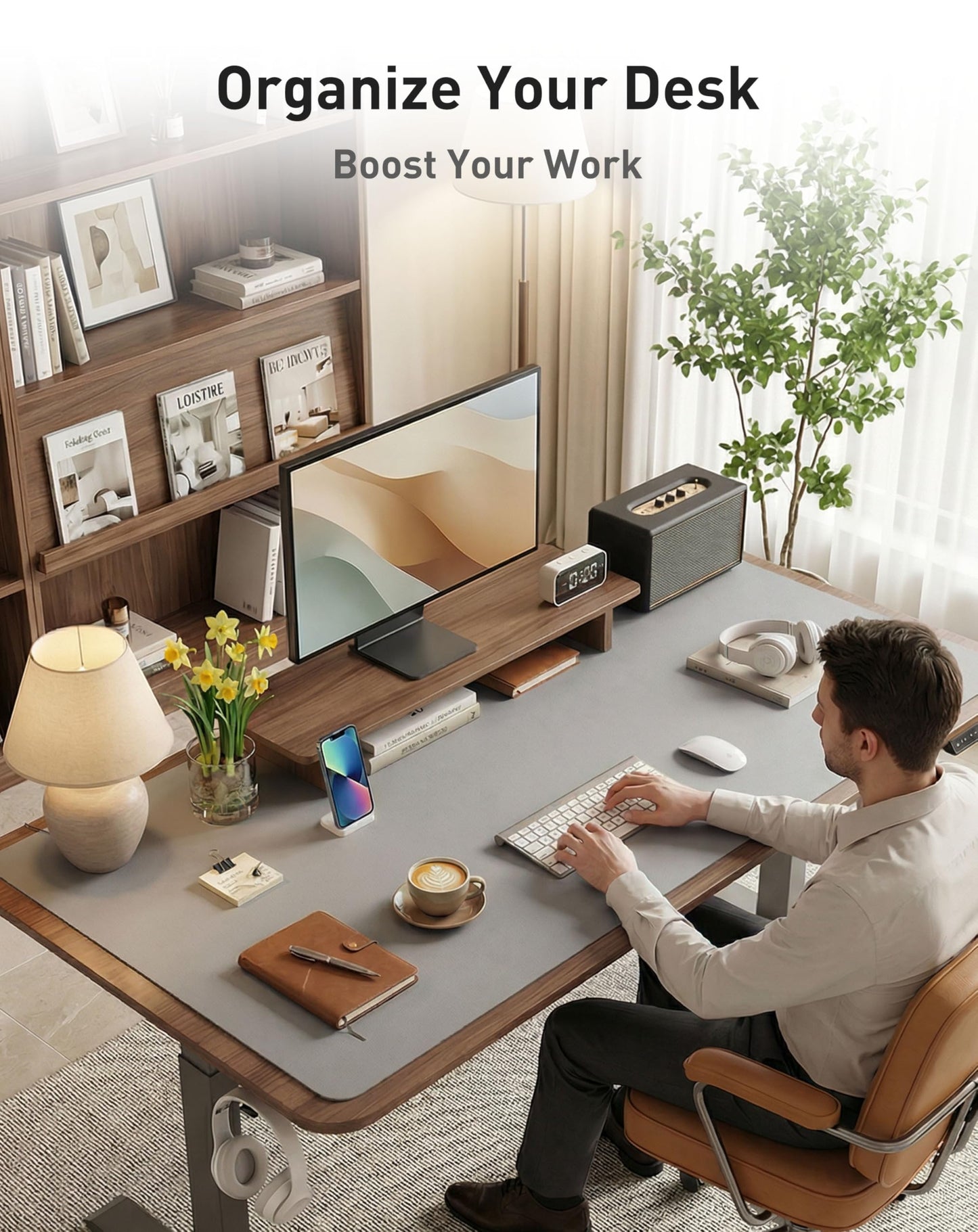 Aothia Faux Leather Desk Mat - Large Mouse Pad, Non-Slip PU Leather Blotter, Waterproof Writing Surface for Office and Home (Light Grey, 40" x 24")