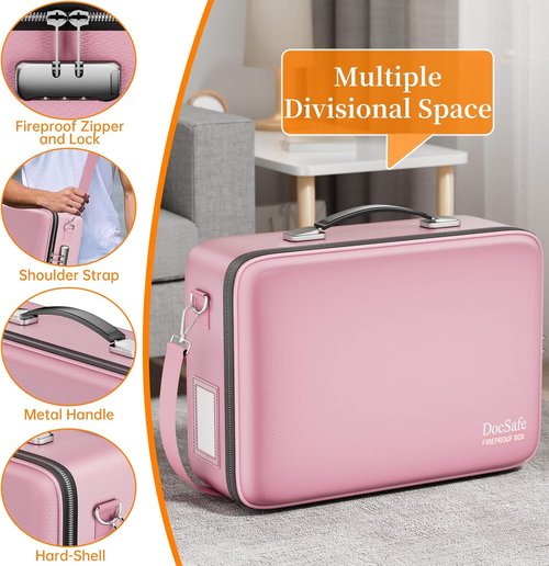 DocSafe Fireproof Document Box - Secure Hard Case Organizer with Lock & Shoulder Strap | Portable Pink Storage for Important Files