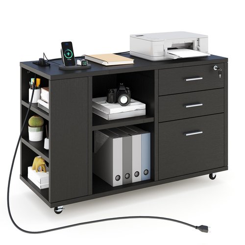 YITAHOME File Cabinet with Charging Station, Mobile Lateral Filing Cabinet with Lock for Home Office, Printer Stand with Open Storage Shelf, Fits A4, Letter, Legal Size Files, Office Furniture, Black