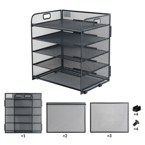 ALTOS OFFICE AND HOME, Metal Mesh Desk Organizer, 5 Compartments, Large Capacity, Holes to Handle It, Rounded Corners, Non-Slip, Anti Rust, Hinge Design