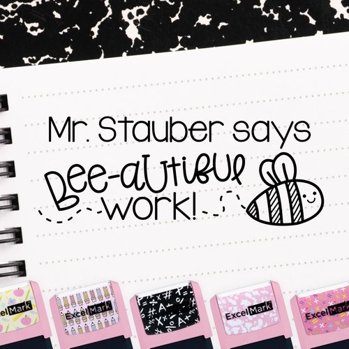 ExcelMark Personalized Teacher Stamps for Classroom - Custom Stamps for Grading - Puns of Praise with 12 Stylish Mount Patterns (Pink Mount, Bee-autiful Work)
