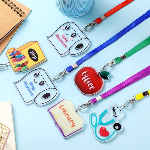 Weekgrat 6 Sets Acrylic Back to School Hall Pass Lanyards Unbreakable School Passes Set for Teachers Cute Classroom Passes for Bathroom, Office, Library and Nurse Classroom Supplies(Cute)