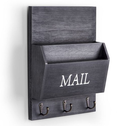DLQuarts Mail Organizer with Key Holder for Wall, Mail Sorter Wall Mounted, Decorative Wooden Key and Mail Holder with 3 Hooks, Black
