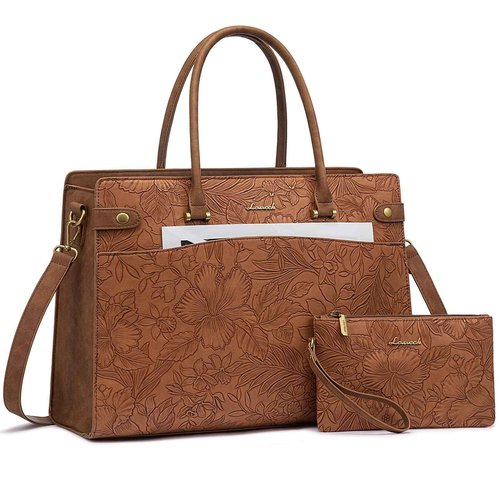 LOVEVOOK Laptop Tote Bag For Women Work, Vintage Leather Computer Bags For Laptops For Women, Waterproof Laptop Bag Business Briefcase Office Large Shoulder Handbag Purse, 15.6 Inch, Brown Embossed