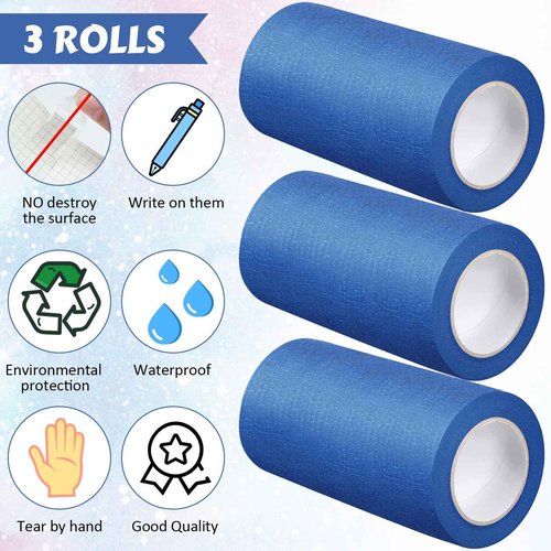 Fainne 3 Rolls Blue Painters Tape Bulk Multi Pack Safe Paint Paper Masking Tape for Wall Painting Decoration Supplies (Blue,6 Inch X 55 Yards)