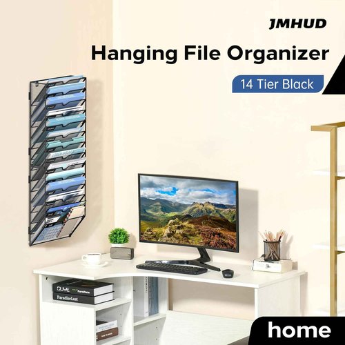 JMHUD 14 Tier Wall Hanging File Organizer, Paper Folder Holder Wall Mounted, Metal Mail Sorter for Office Home School, Black 2 Pack
