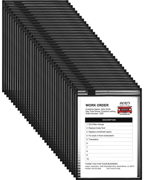Nezyo Dry Erase Pockets Plastic Job Ticket Holders Shop Holder Order Pockets Clear Sleeves Tickets Folders Plastic Sleeves Paper Teacher Supplies for Classroom (14 x 10 in,Black,50 Pcs)
