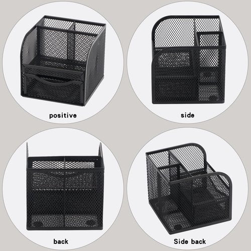 BiSiViO Mesh Desk Organizer, Metal Pencil Holder, Pen Holder for Desk with Drawer, Desktop Accessories, Multi-functional Caddy Pen Organizers with 3 Compartments for Office Art Supplies - Black