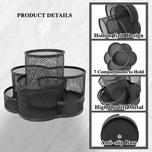 Jaugufiy 360 Rotatable Metal Mesh Desktop Pen Holder Pencil Holder Pencil Organizer Stationery Organizer Pen Pot Makeup Brush Organizer for Home School Office (Black)
