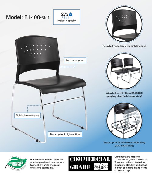 Boss Office Products Chrome Frame Stack Chair 2 Pack in Black