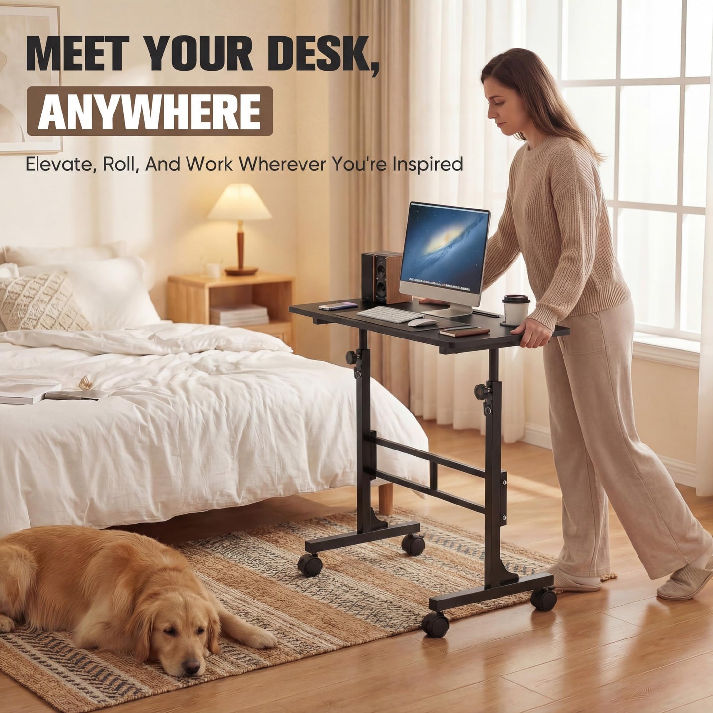 Furmax 31.4" Small Portable Standing Desk Height Adjustable with Lockable Wheels, Mobile Stand Laptop Computer Workstation for Walking Pad Treadmil (Black)