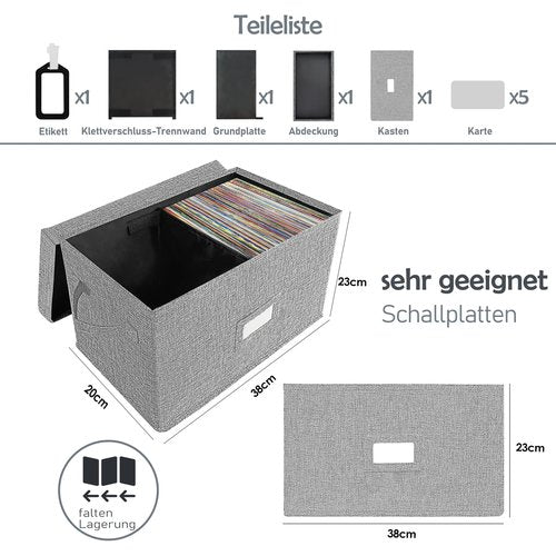 Vinyl Record Storage Box for 7"/45 RPM LPs, Grey Case with Lid Holds up to 80 Albums, CD Crate Play Music Collection Holder, Collapsible File Folder Cabinet Organizer with Handle