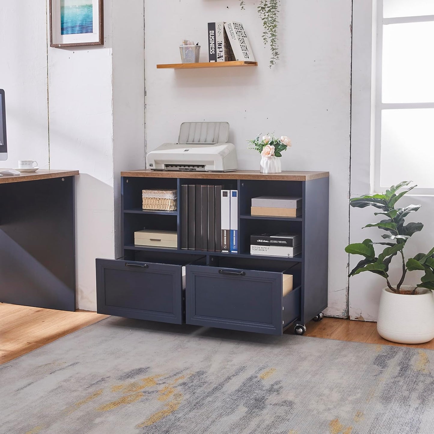 Skiennix Farmhouse Wood File Cabinet - Rolling Storage with 2 Drawers for Legal/Letter/A4 Size (Blue)