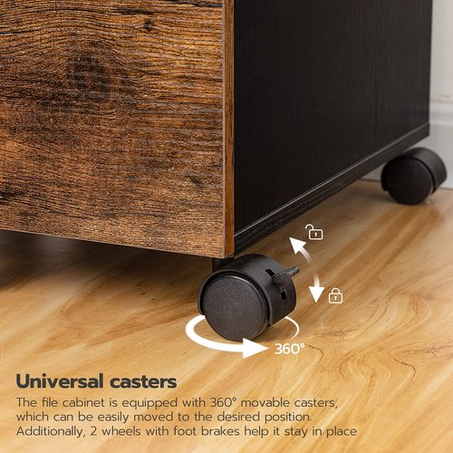 HOOBRO 3-Drawer File Cabinet, Wooden Under Desk Filing Cabinet, fits A4/Letter Size for Home Office, Small Rolling Storage Drawer Chest, Printer Stand with Drawers, Rustic Brown and Black BF02WJ01G1