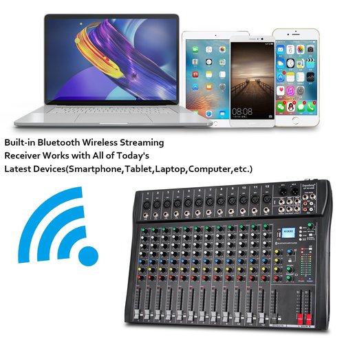 Depusheng DT12 Studio Audio Mixer 12-Channel DJ Sound Controller Interface w/USB Drive for Computer Recording Input, XLR Microphone Jack, 48V Power, RCA Input/Output for Professional and Beginners