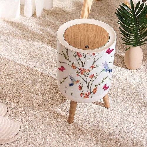 Small Trash Can with Lid Seamless floral with hand drawn hummingbirds tropical japanese flowers Round Recycle Bin Press Top Dog Proof Wastebasket for Kitchen Bathroom Bedroom Office 7L/1.8 Gallon