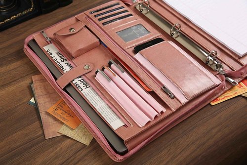 Pink Leather Padfolio for Women, Business Leather Binder 3 Ring Portfolio, Personalzied Leather Portfolio Binder, Zippered Portfolio Organizer for A4 Letter Size Notepad & 13-inch Laptop/Tablet