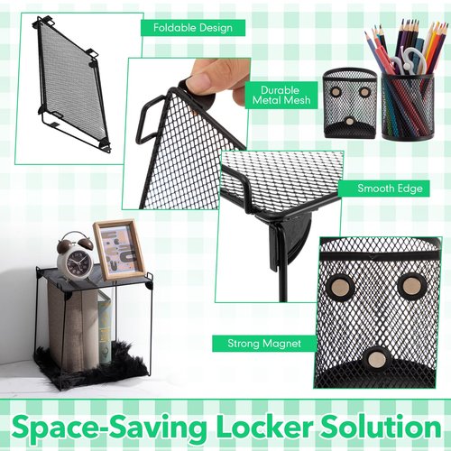 AmazingSpark 5 Pcs Locker Shelf Organizer and Accessories Back to School Essentials Includes 1 Magnetic Mirror with Bottom Tray, 2 Pen Holders, 1 Locker Metal Grid Rack, 1 Faux Fur Mat(Black)