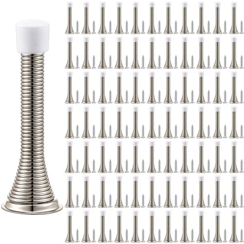 Newwiee 100 Pack Spring Door Stopper Bulk with Rubber Bumper 3.35‘' Flexible Spring Heavy Duty Wall Door Stop Low Mounted for Home Bedroom Bathroom (Silver)