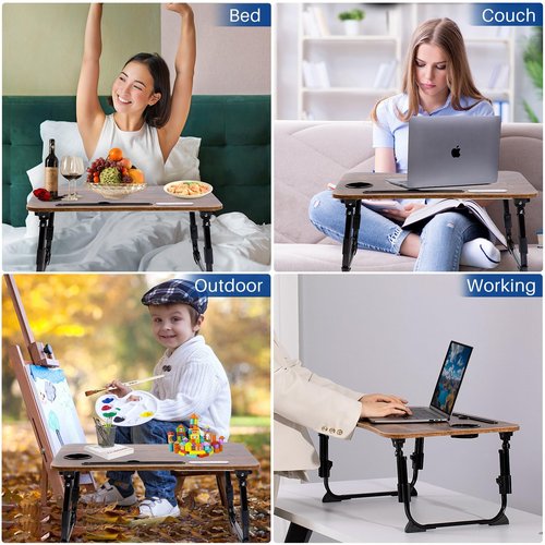 Laptop Desk for Bed, Height Adjustable Laptop Bed Table, Foldable Portable Lap Desk Stand with USB/Storage Drawer/Cup Holder/Slot, Breakfast Tray for Working Reading Writing Eating