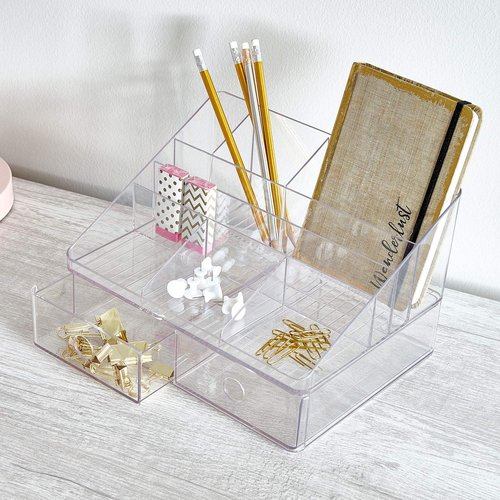 iDesign Linus Plastic Tiered Divided Desk Organizer with Drawers for Storage of Office and School Supplies, Makeup, Accessories on Vanity, Countertop, or Cabinet, 7.5" x 10" x 6.5" - Clear