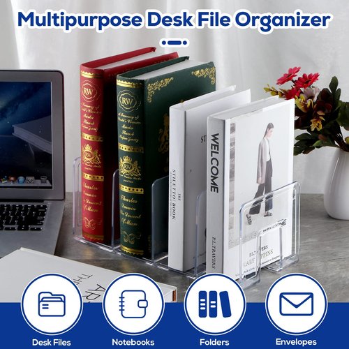 AFOROEOA 4Pack 4-Section Clear Acrylic Desk File Sorter, Desktop File organizer Purse Handbag divided organizer for Book, Envelopes, Mail, Document, Notebook, Office Supplies (13x5.9x5inch)