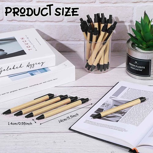 Sabary 200 Pack Black Retractable Eco Friendly Recycled Kraft Paper Pens - Medium Point Bulk Office Writing Journaling Supplies